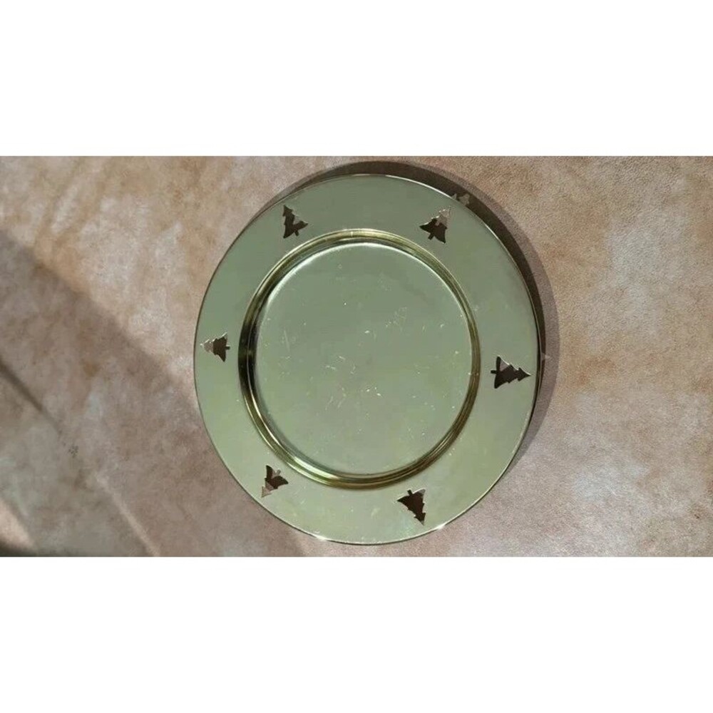 Christmas Tree Metal Pillar Candle Plate / Gold Tone Tray (6.75")
